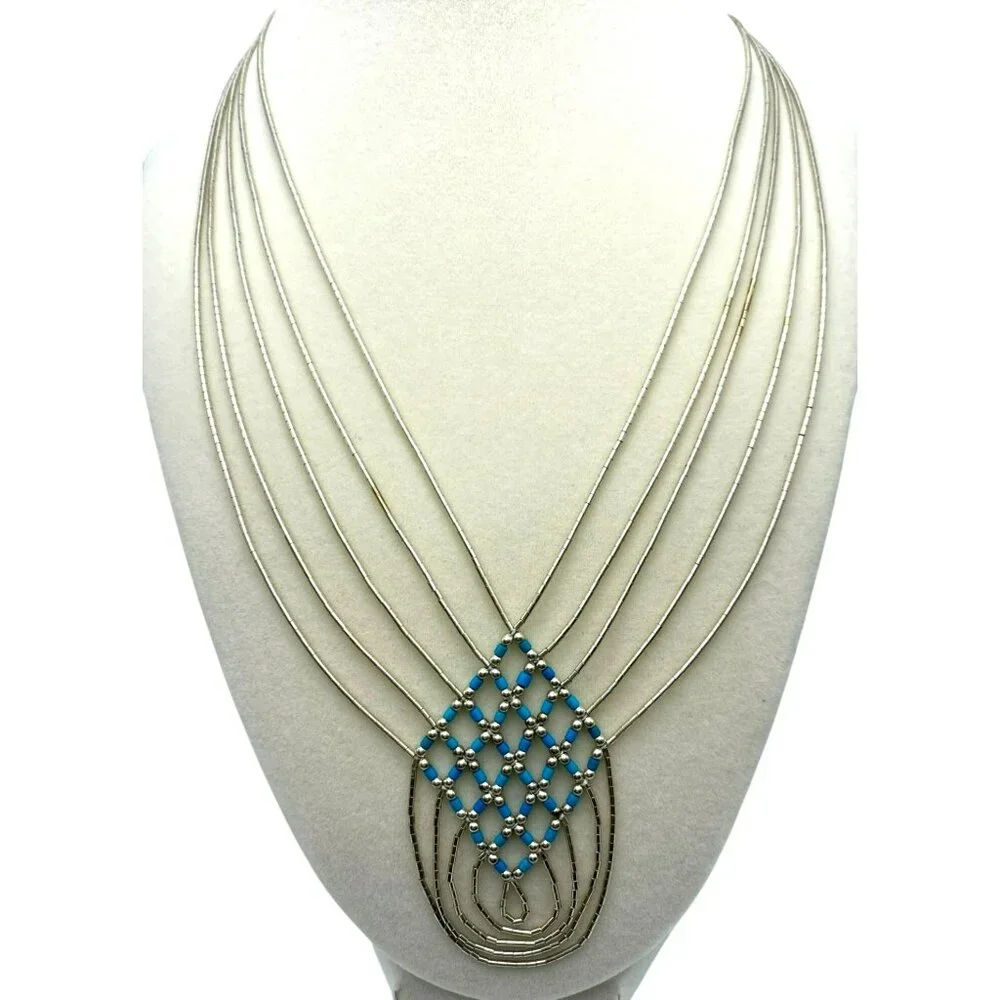 Native American Liquid Silver Woven Turquoise Beaded Necklace 18" Vintage 17.4g - Picture 3 of 9